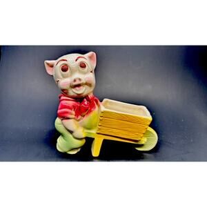 Vintage 1950s Shawnee Pottery Pig Planter, "Smiley Porky Pig" w/Wheelbarrow